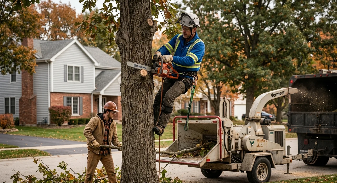 Crew clearing dense overgrown brush from a wooded residential lot in St. Charles