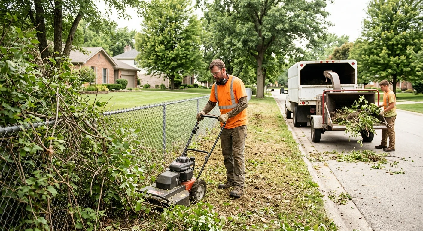 Overgrown fence line cleared of dense brush along a residential property edge