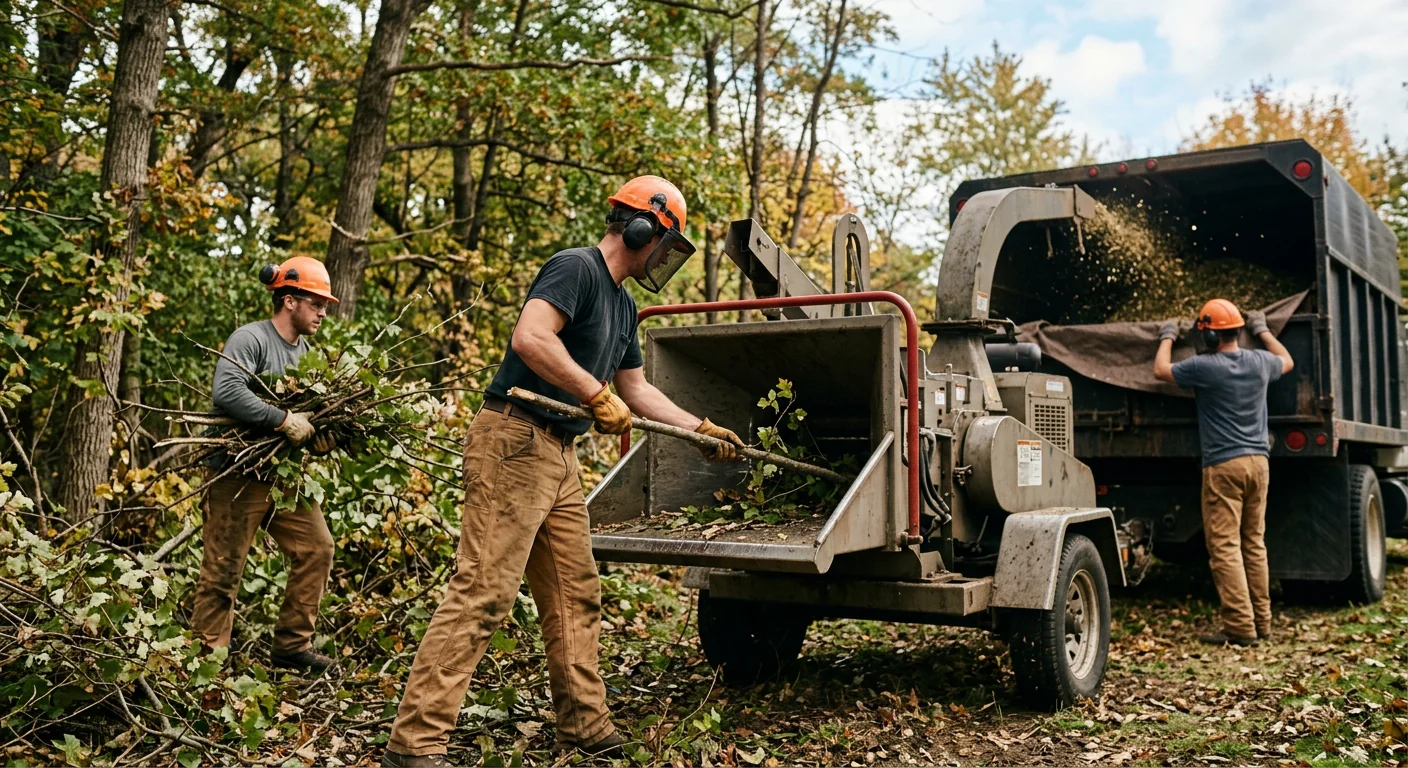 Crew running a chipper while clearing thick undergrowth from a wooded lot