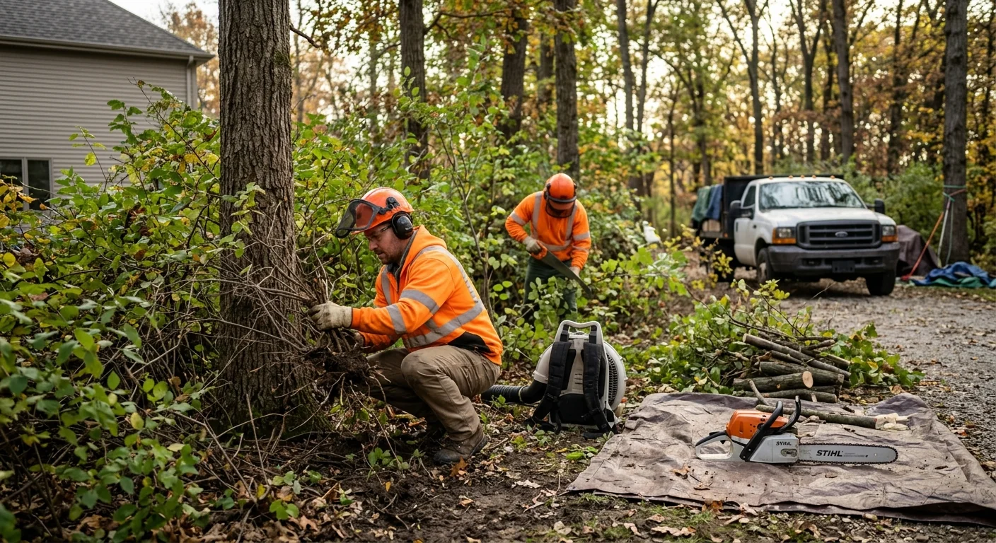 Before context of tangled brush and saplings crowding a backyard tree line