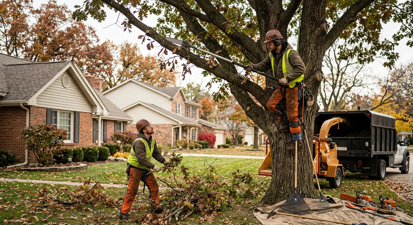 Crane lifting a large tree section over a residential yard during removal