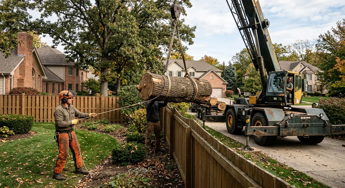 Crane lifting a heavy oak section over a St. Charles backyard fence line