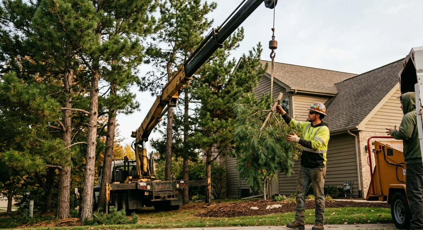 Wide shot of crane boom extended above tall pines near a residential rooftop