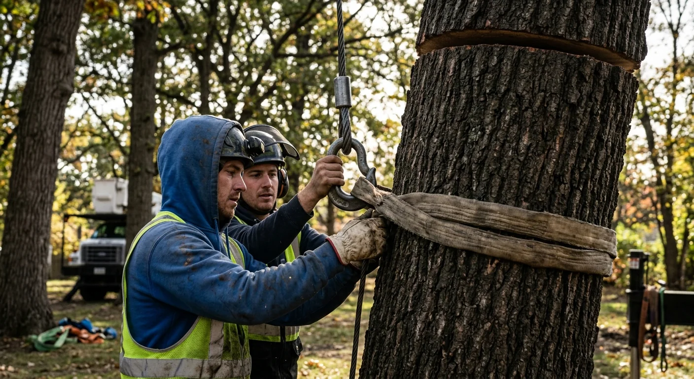 Close-up of rigged tree trunk secured to crane cable before controlled lift