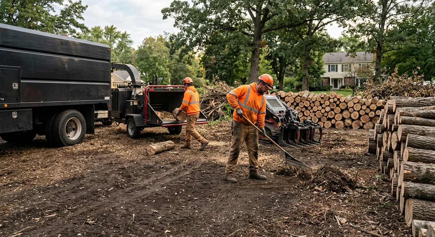 Cleared lot after crane removal with stacked logs and tidy ground surface