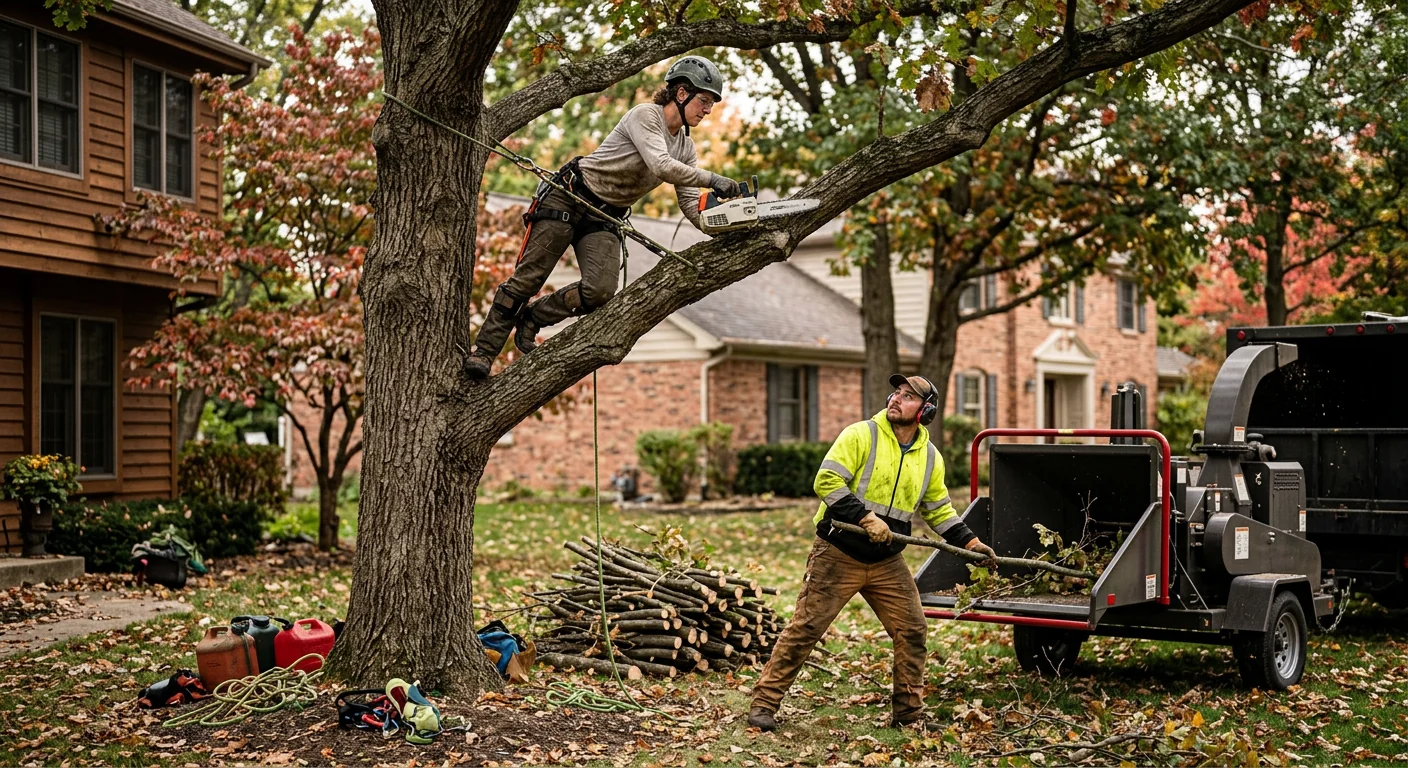 Crew rigging down a storm-damaged tree near a home in St. Charles