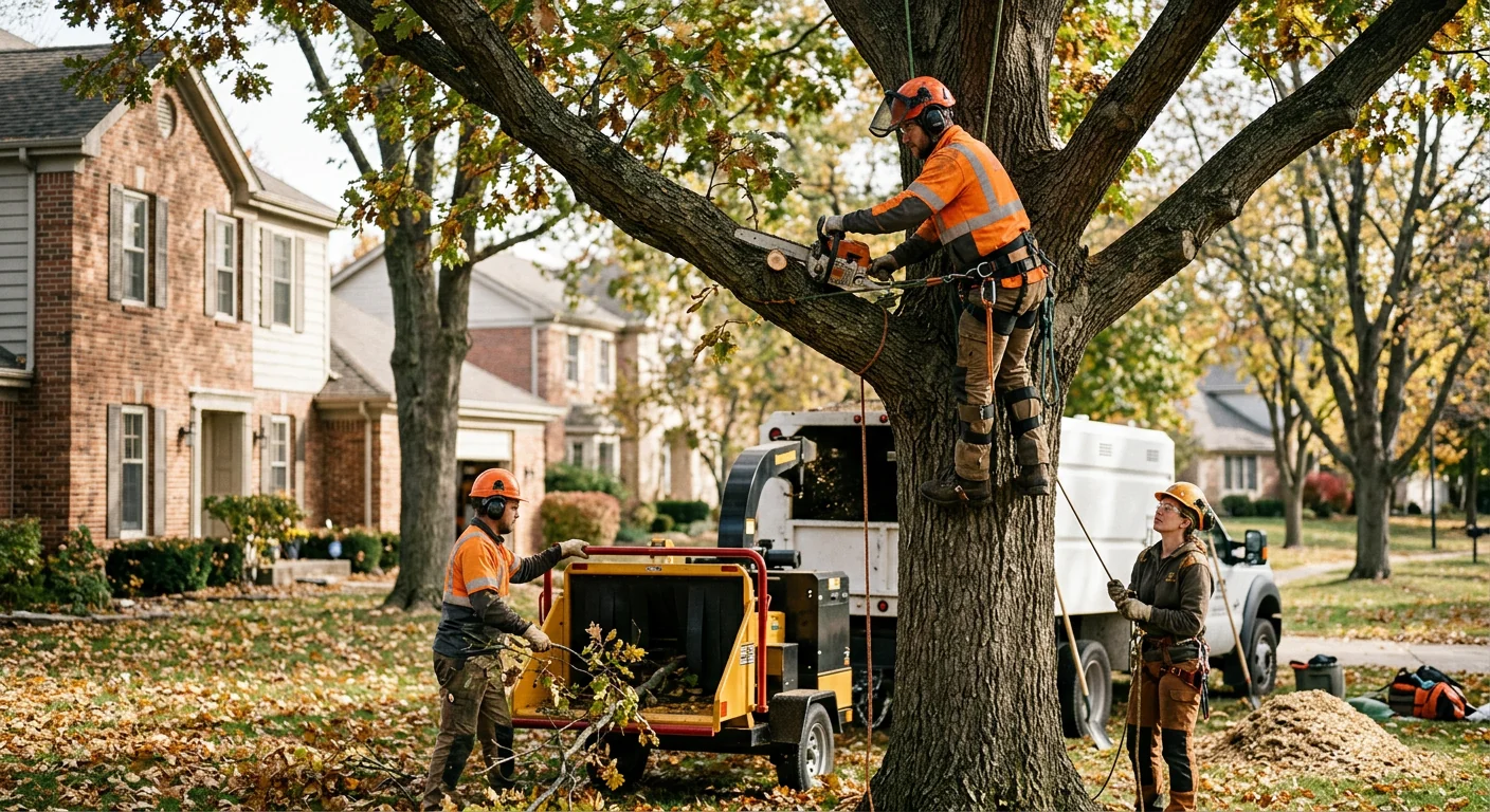Arborist assessing a wind-damaged tree before controlled sectional removal