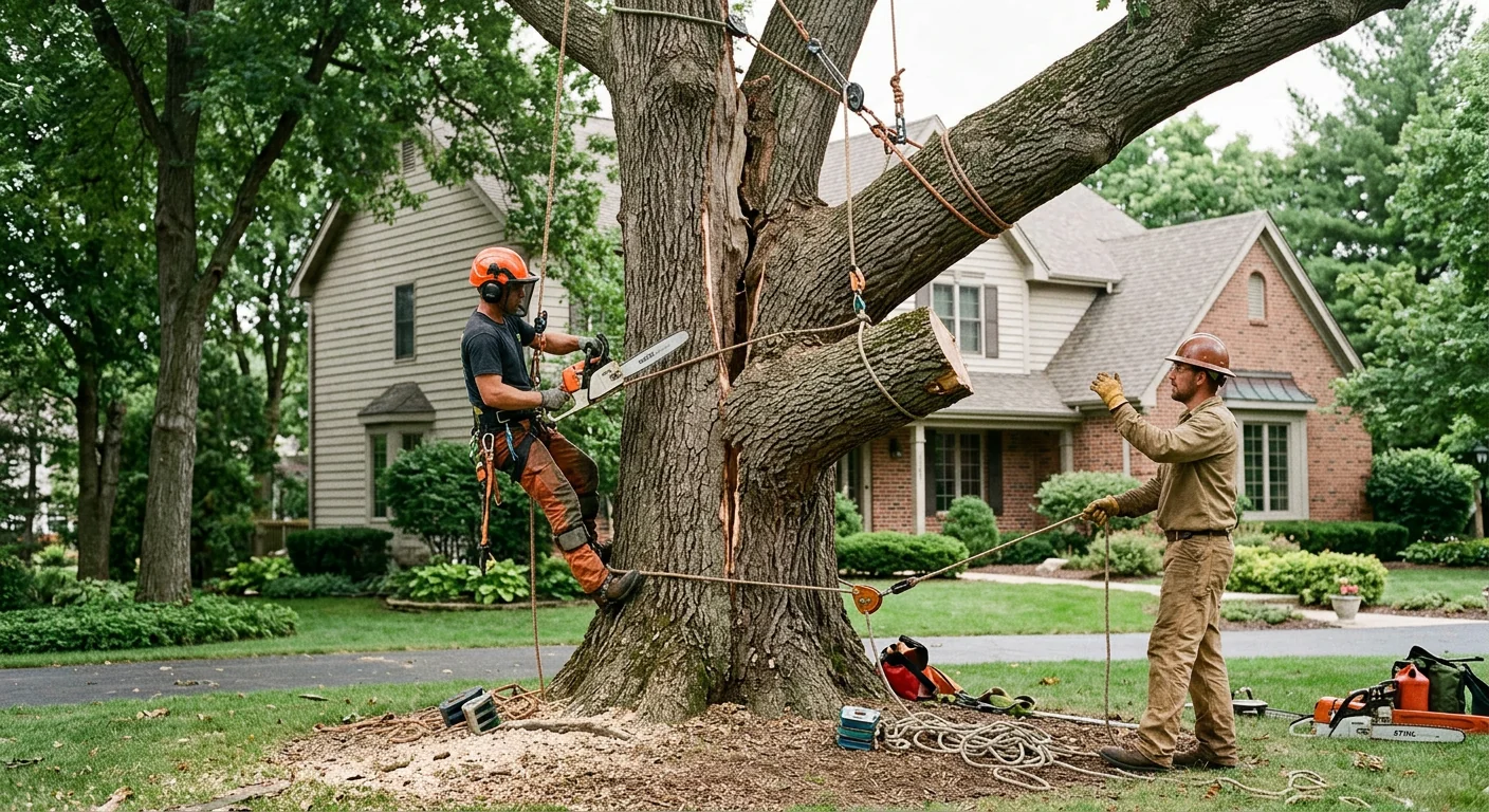 Storm-split oak sectioned with rigging ropes on a residential St. Charles lot