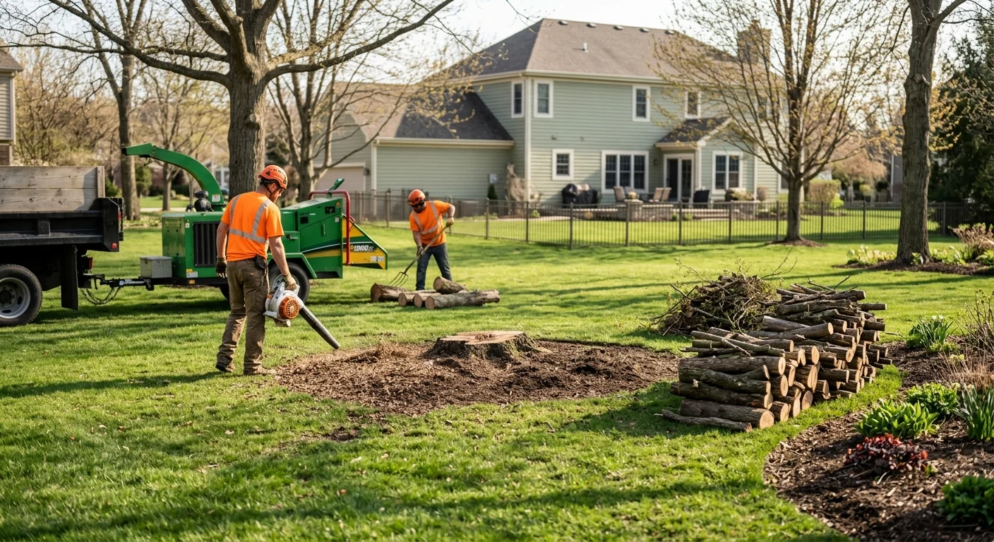 Wide shot of cleaned yard with fresh stump grinding and stacked brush