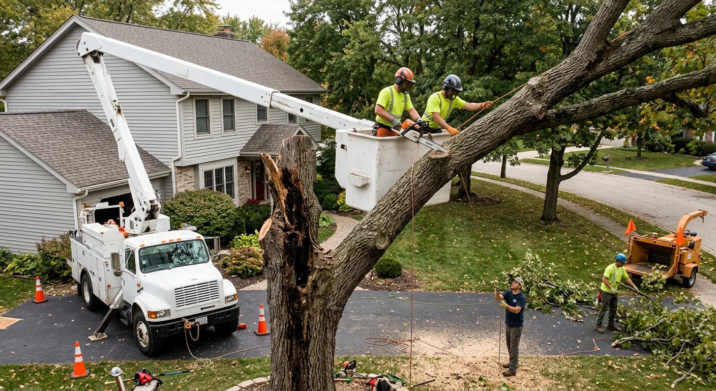 Bucket truck removing a hazardous leaning tree near a rooftop