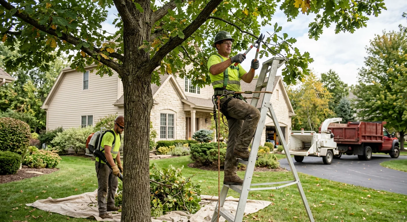 Arborist assessing a leaning hazardous tree near a home in St. Charles