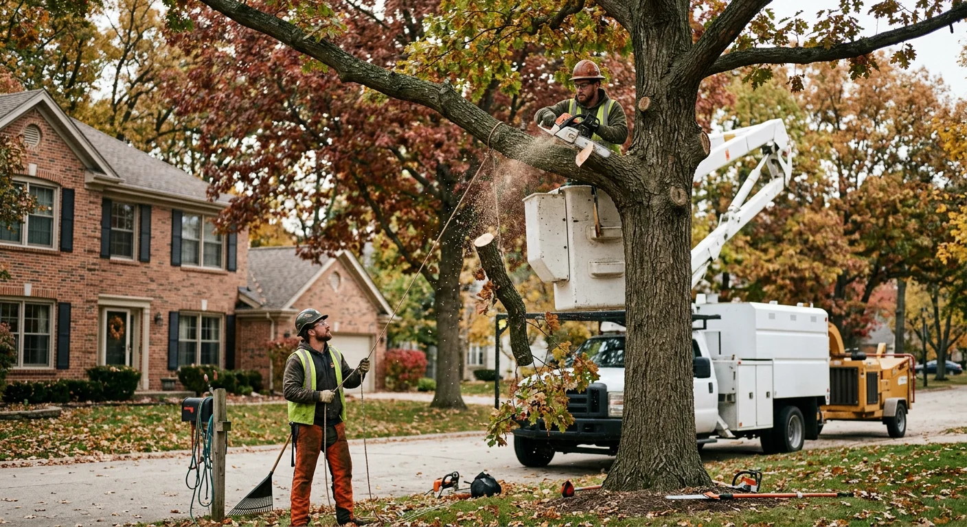 Arborist inspecting a leaning hazardous tree during a risk assessment walkthrough