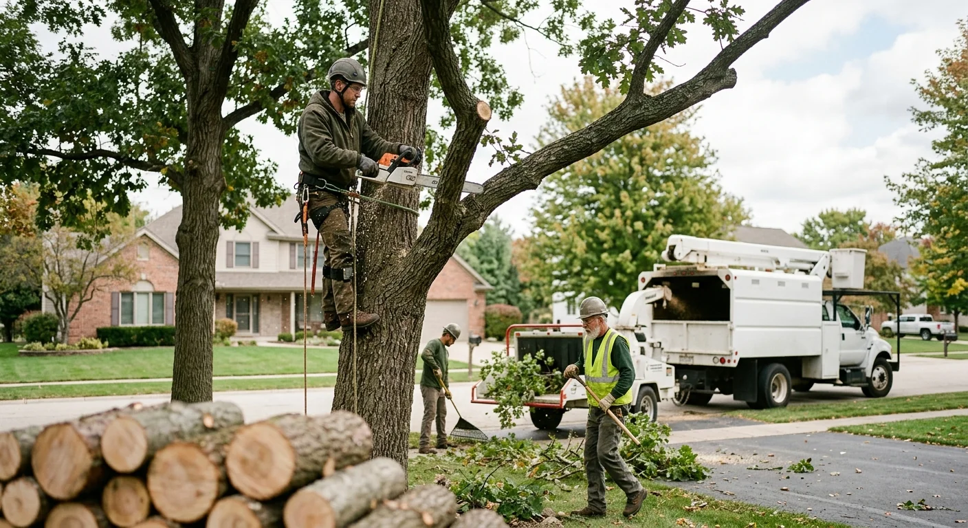 Crew rigging and lowering a hazardous tree section over a St. Charles backyard