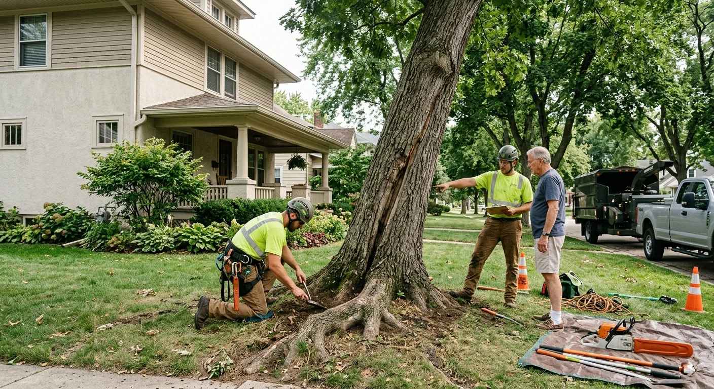 Split leaning oak with visible root heave beside a St. Charles home