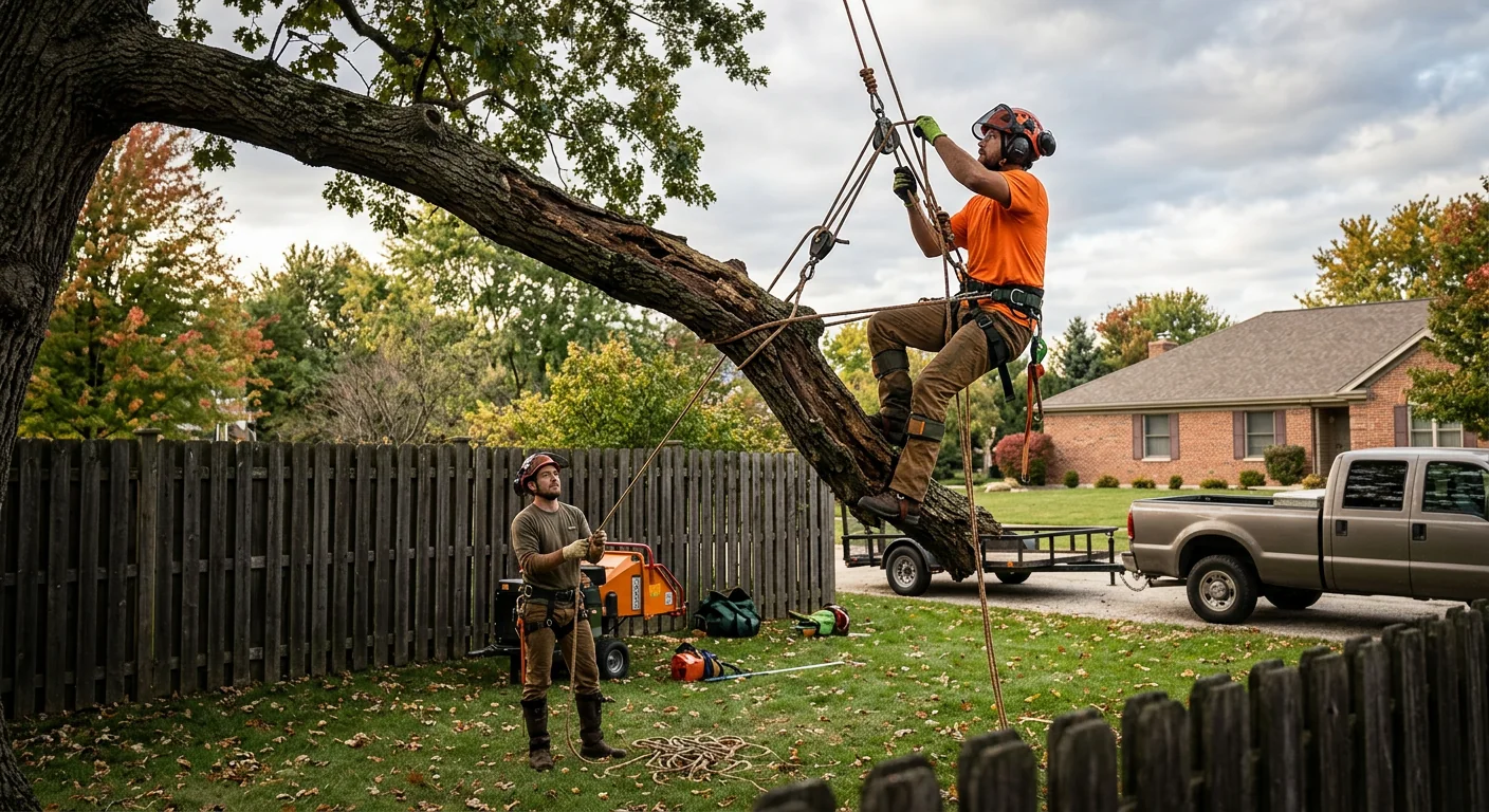 Crew rigging a decayed limb with lowering ropes over a fenced backyard