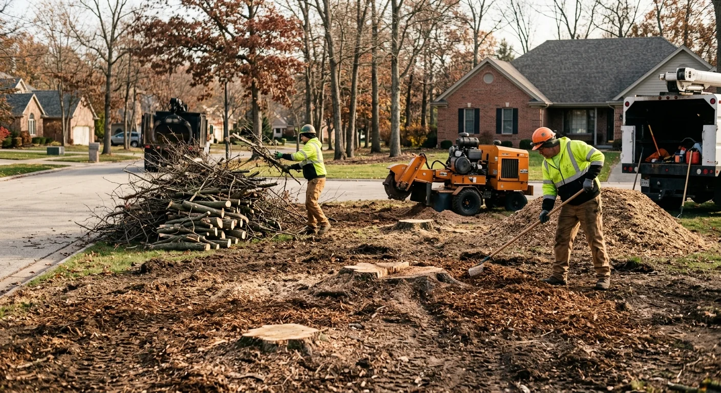 Cleared lot with fresh stump grinding and stacked brush ready for pickup