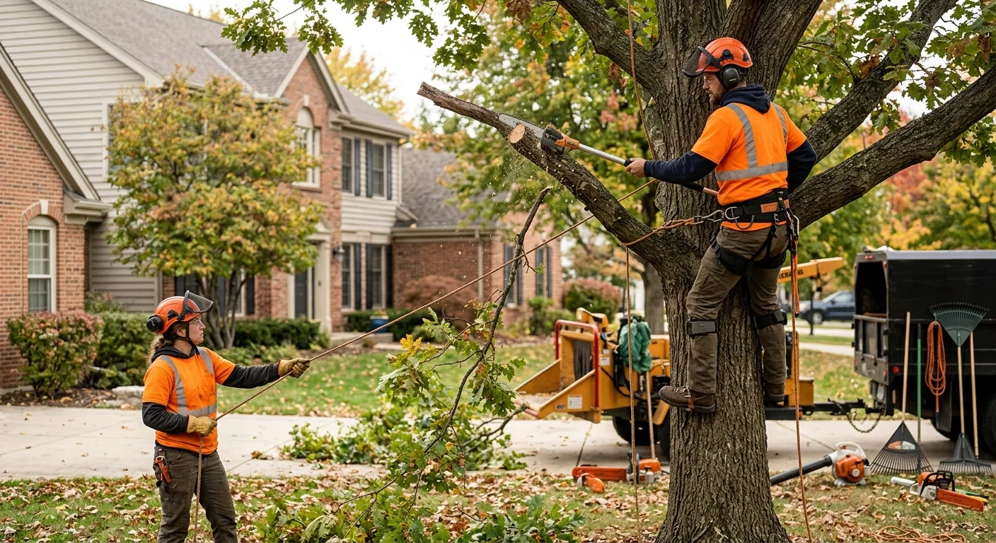 Skid steer clearing brush and trees on a wooded residential lot in St. Charles