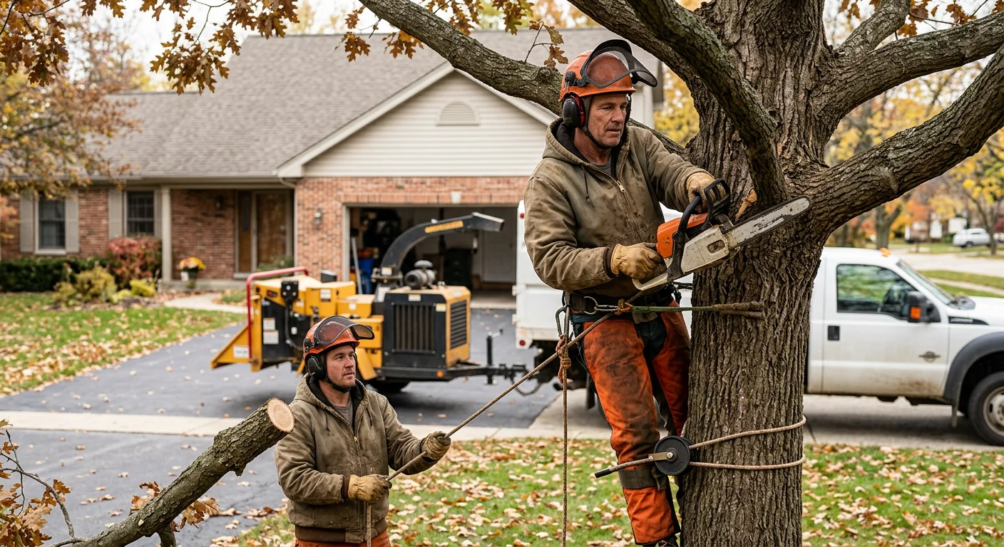 Crew clearing wooded residential lot with heavy equipment in St. Charles