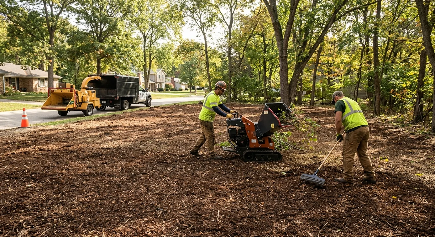 Overgrown residential lot cleared of brush and small trees with mulched ground ready for use