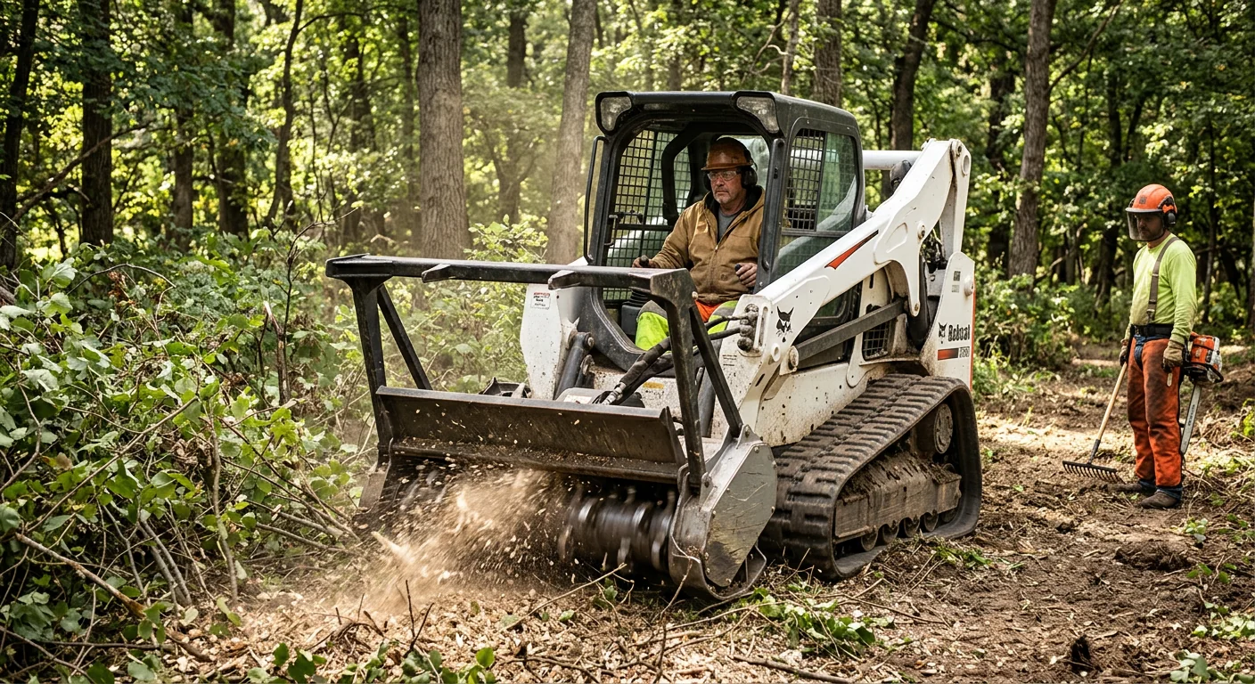 Compact forestry mulcher grinding thick undergrowth into fine wood chips on a wooded parcel