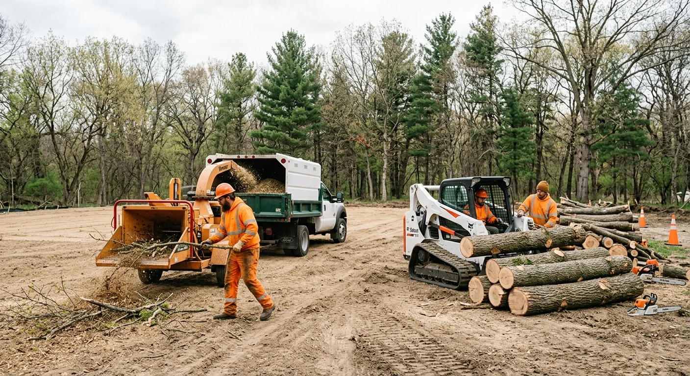 Wide shot of a cleared building pad with stacked logs and graded soil near tree line
