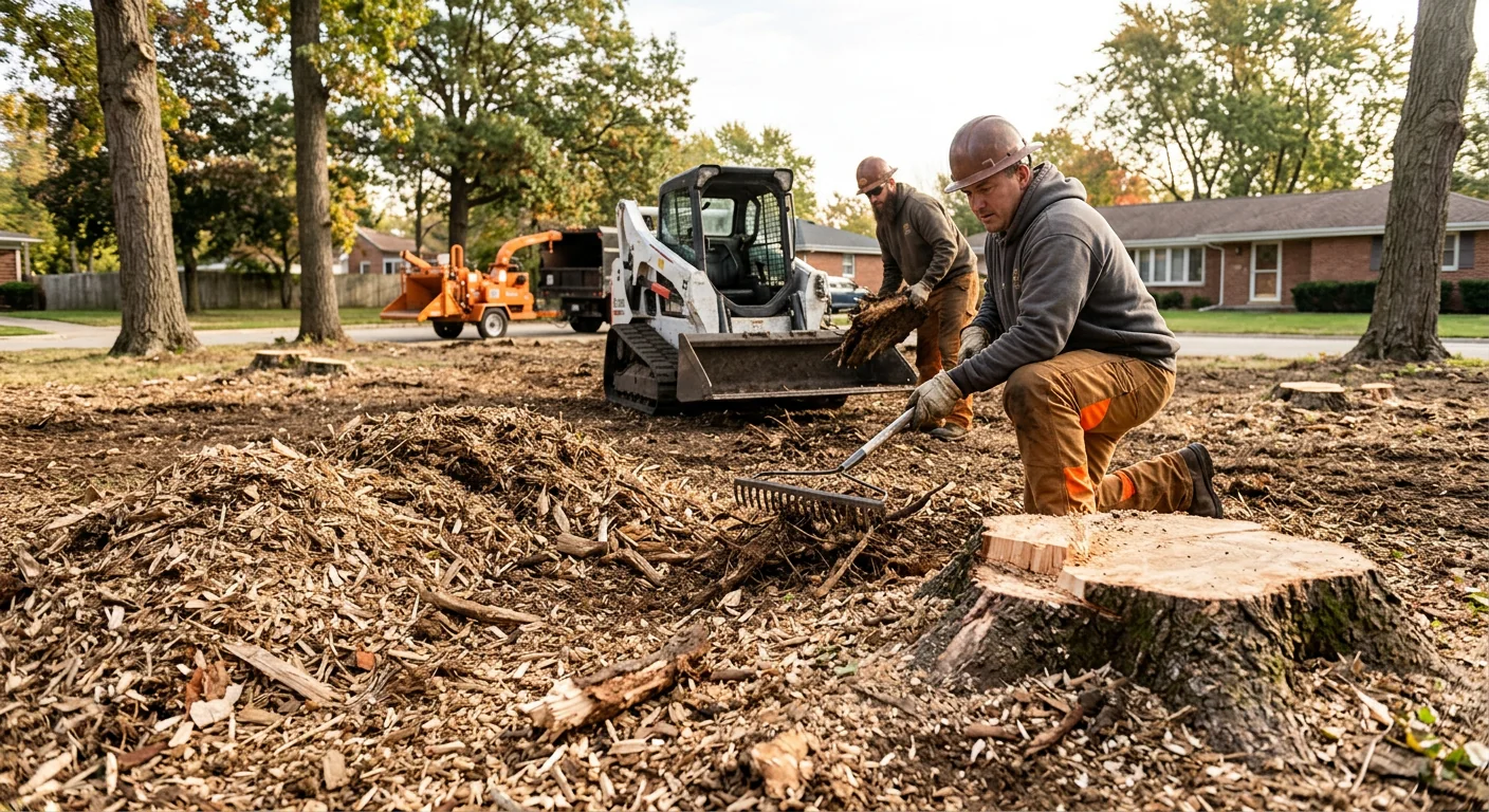 Close-up of freshly ground stumps and cleared root debris on an open St. Charles lot