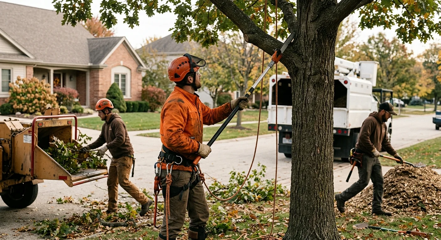 Crew rigging a storm-damaged oak over a St. Charles rooftop after high winds