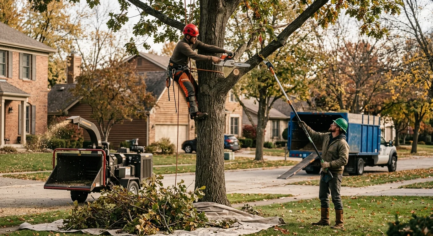Storm-damaged tree partially uprooted beside a home awaiting cleanup crew
