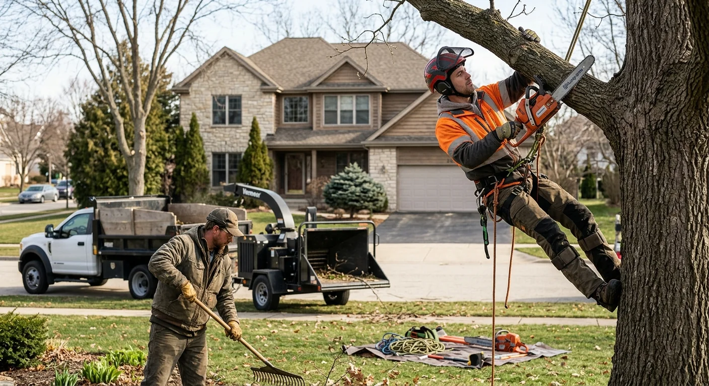 Crew clearing fallen storm-damaged tree limbs from a St. Charles residential yard