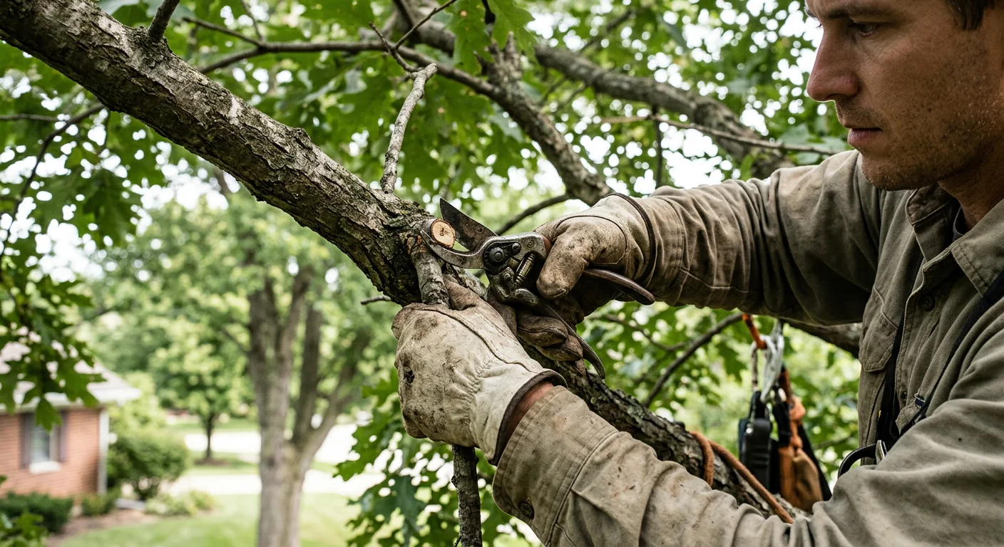 Arborist rigging a broken limb down from a storm-damaged oak canopy