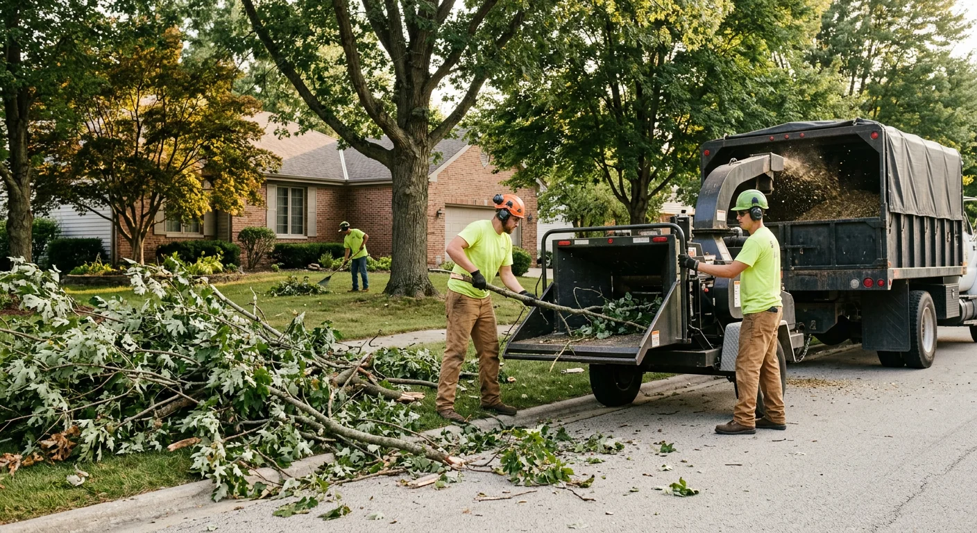 Wide shot of storm-downed limbs staged for chipping on a suburban lot