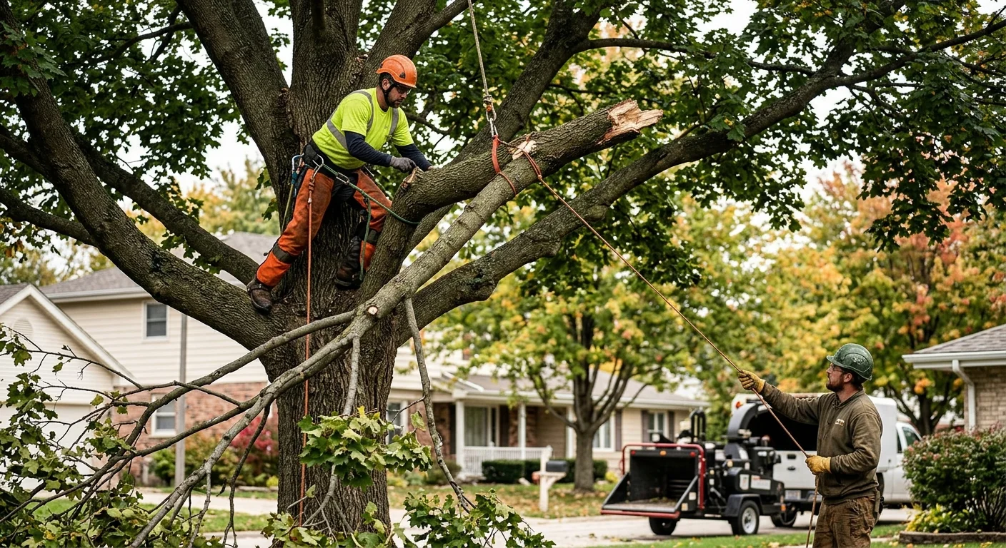 Rigging line lowering a broken hanging limb from a damaged maple canopy