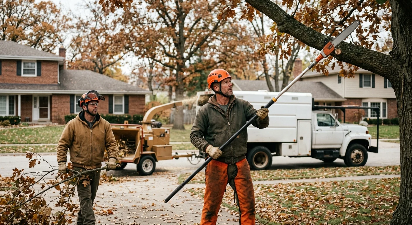 Stump grinder operator finishing a residential grind-down in a suburban yard