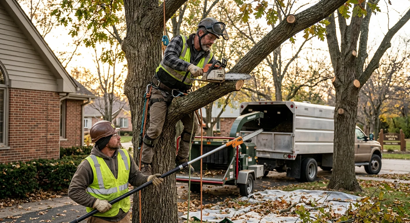 Commercial stump grinder cutting down a tree stump in a St. Charles backyard