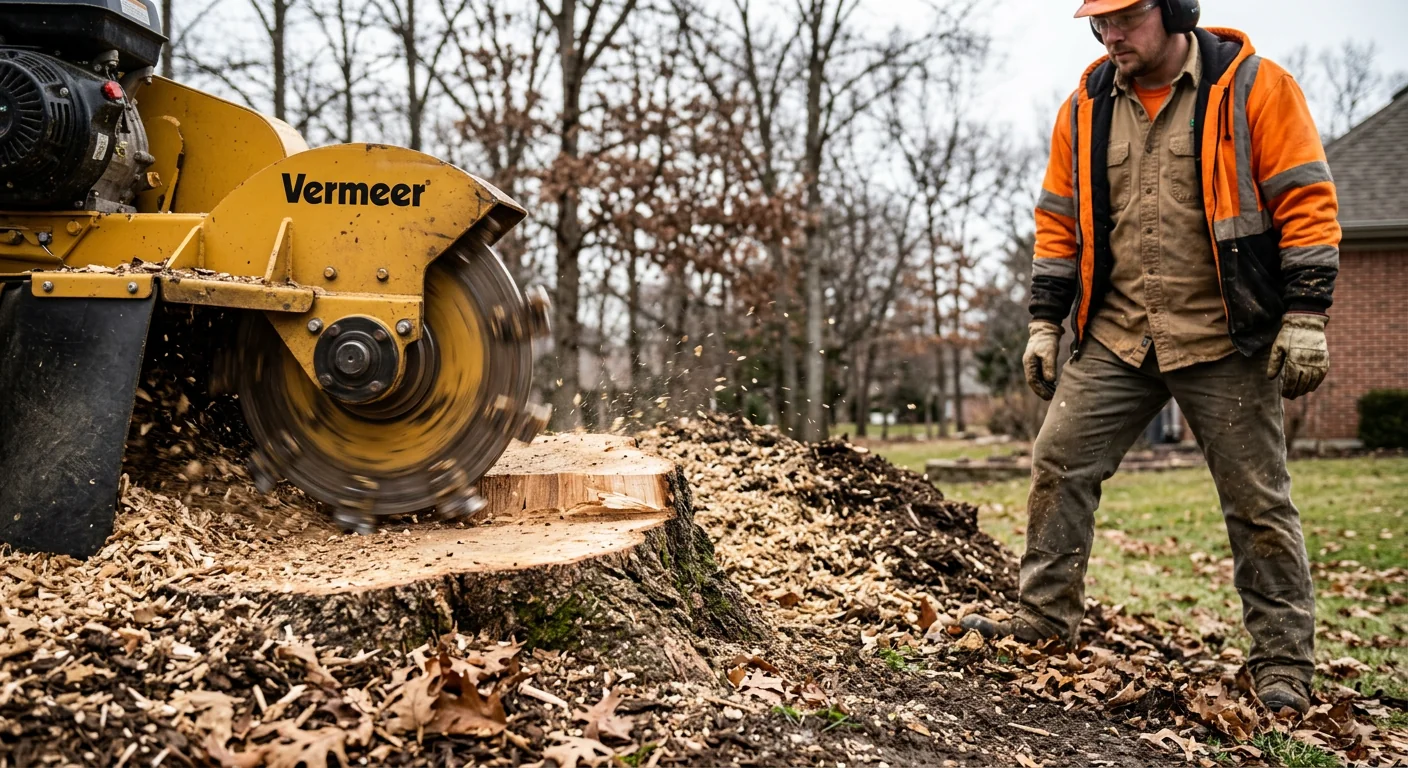 Close-up of grinder wheel chewing an oak stump into fine mulch chips