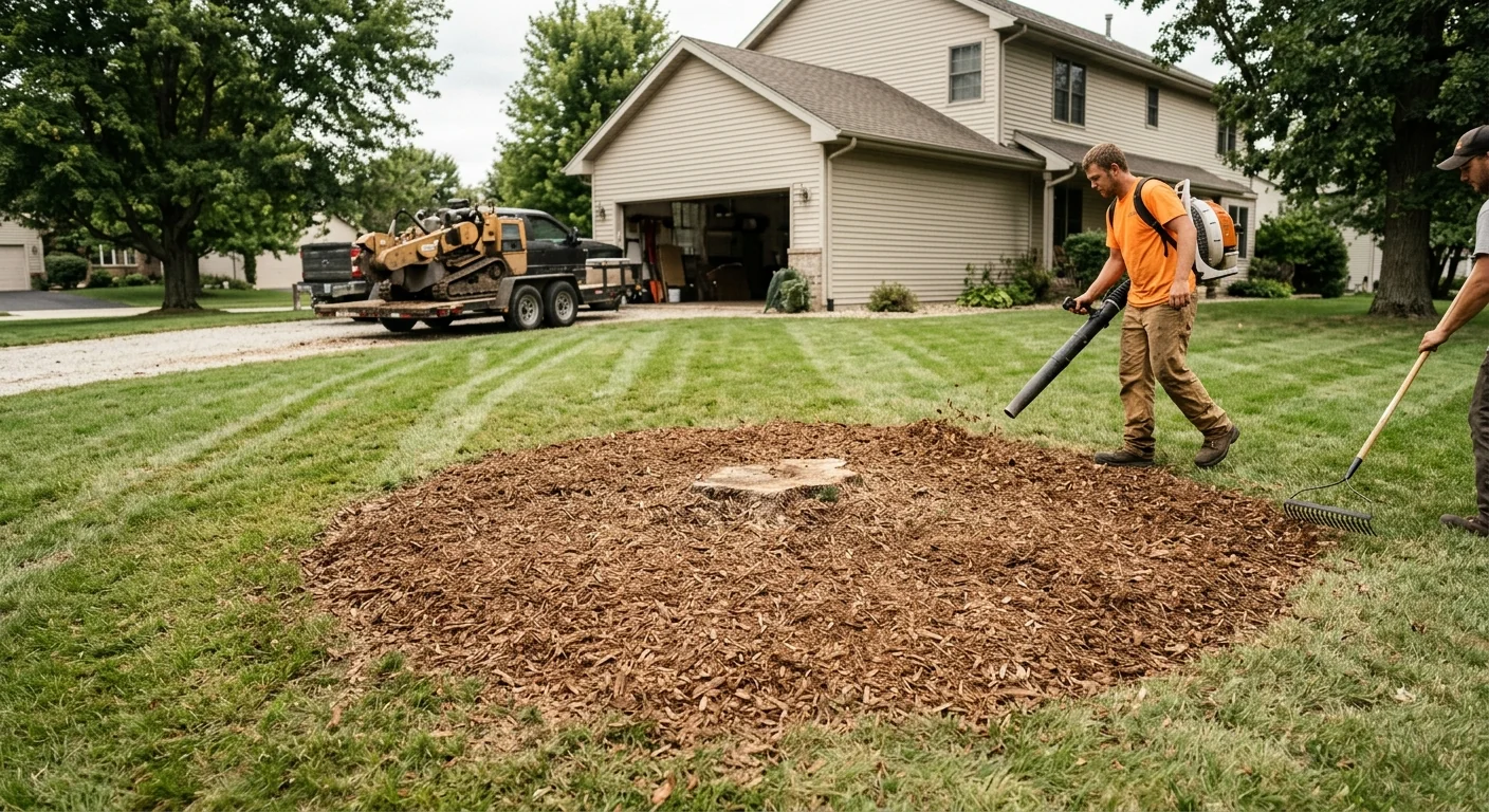 Wide shot of cleared backyard in St. Charles after stump grinding and cleanup