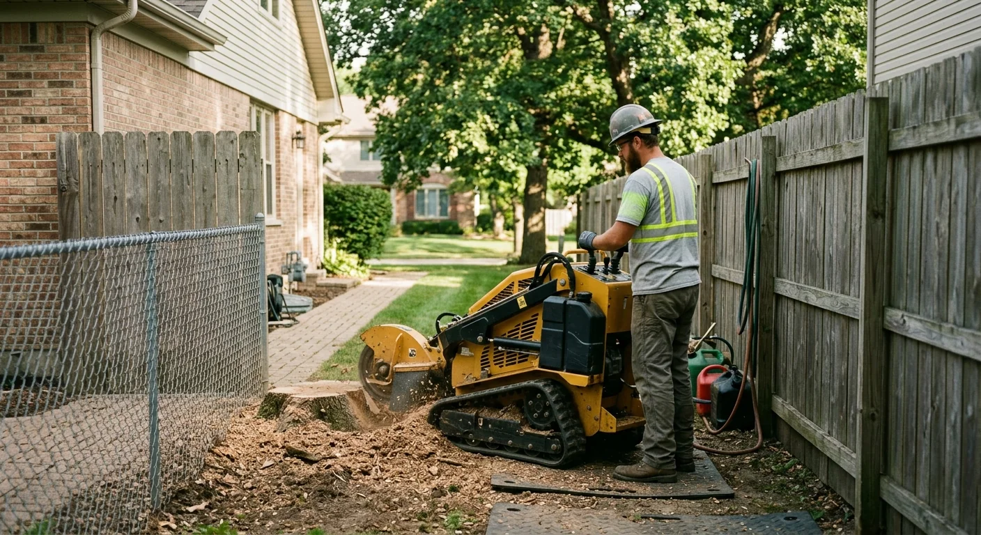 Track-mounted stump grinder working through a tight side yard between fences