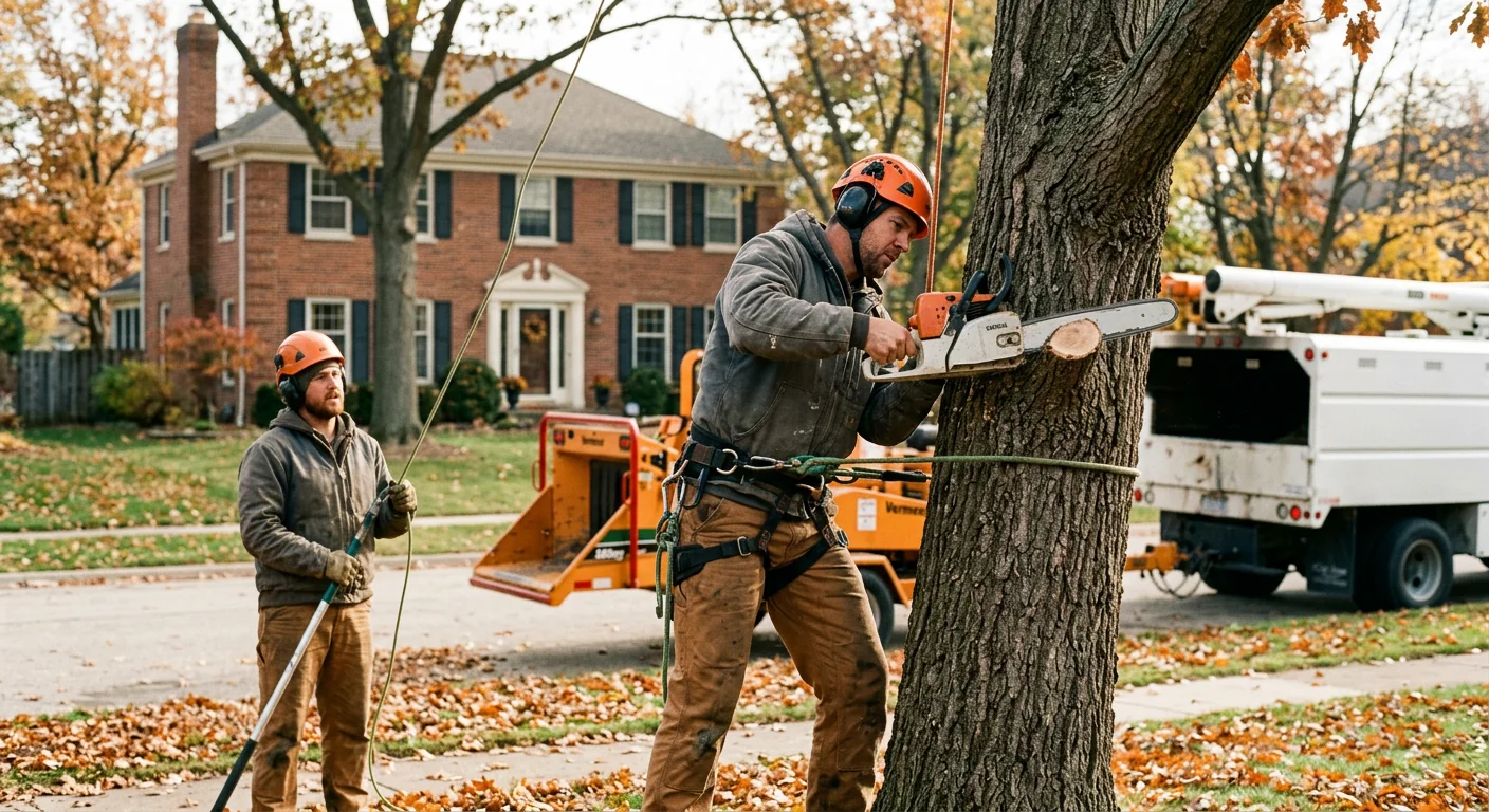 Arborist installing steel support cable high in a mature oak canopy