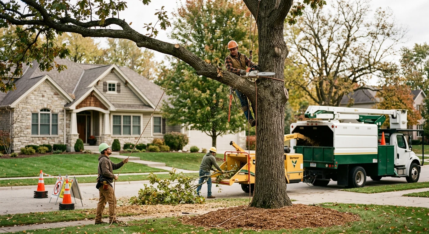 Arborist installing support cable high in a mature oak canopy in St. Charles