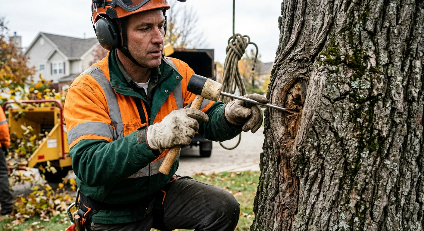 Steel support cable spanning two leaders high in a tree crown
