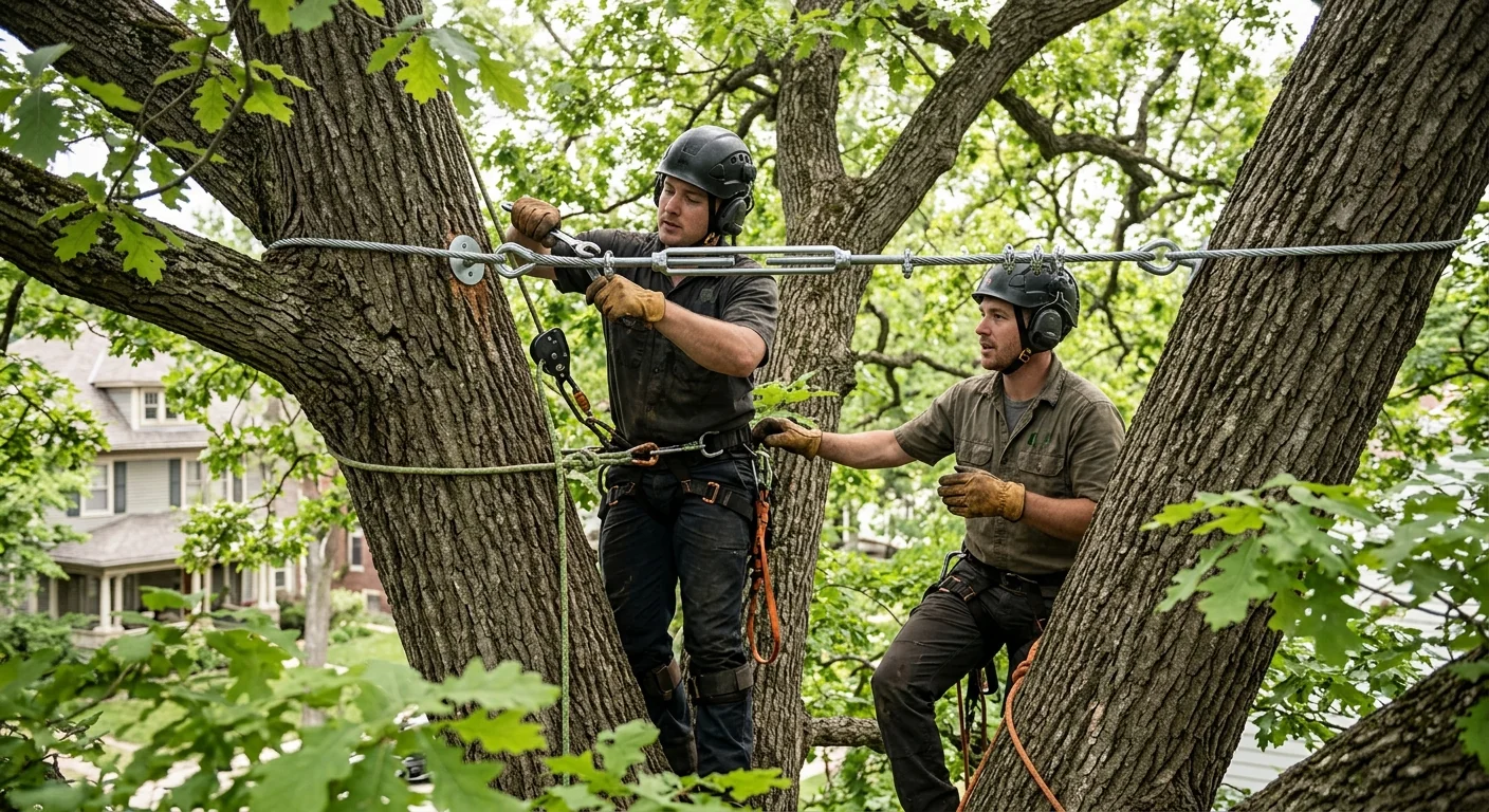 Steel cable installed high in a mature oak canopy stabilizing two split leaders