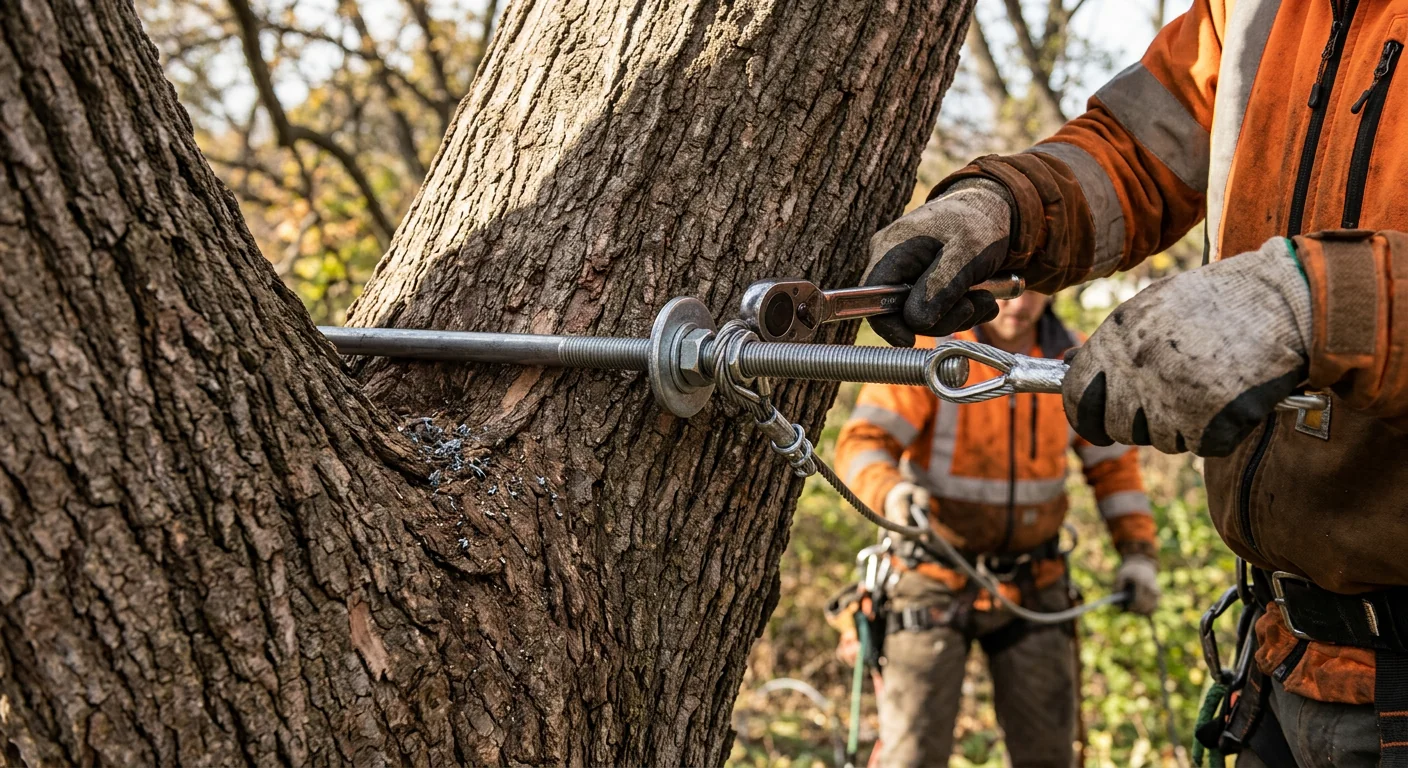 Close-up of threaded steel rod bracing hardware anchored into a heavy V-crotch limb