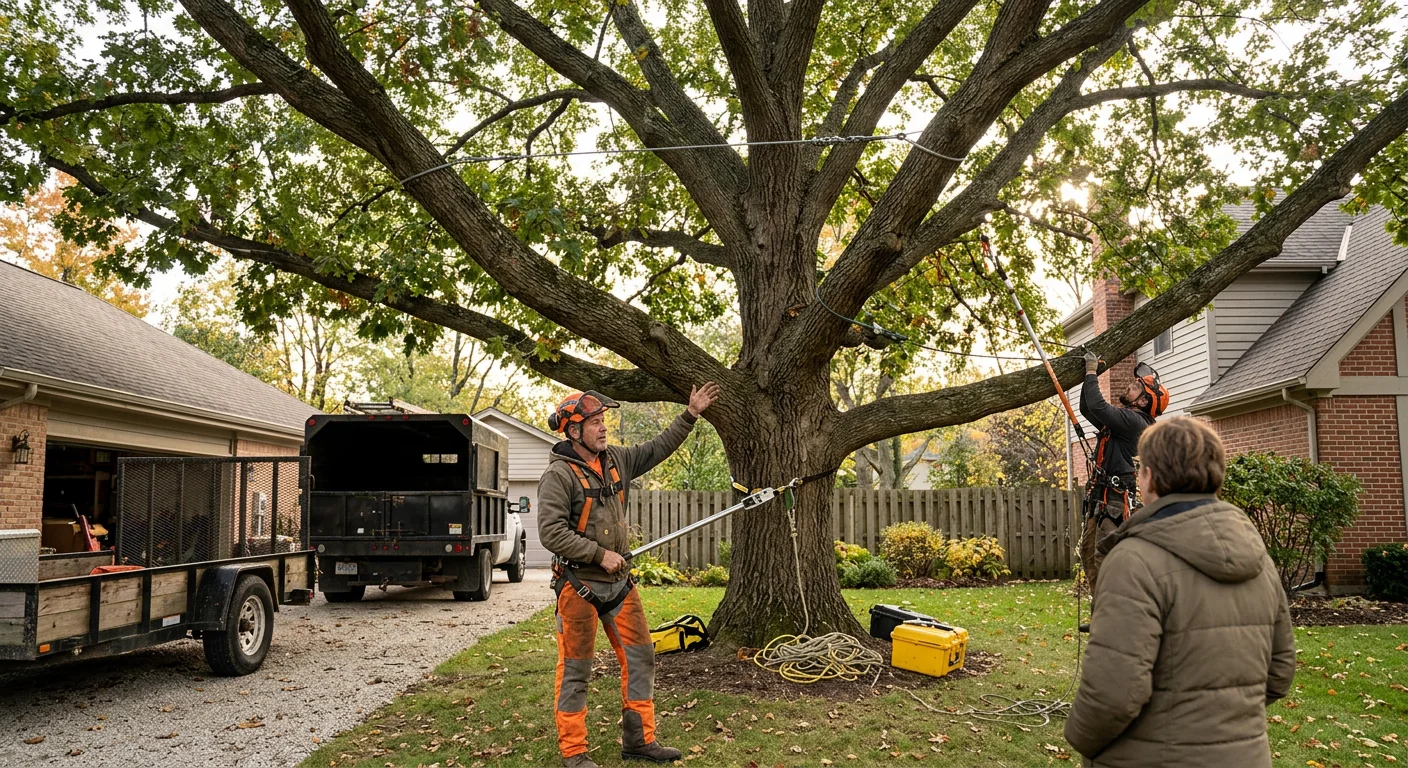 Wide shot of a large shade tree cabled above a St. Charles backyard property
