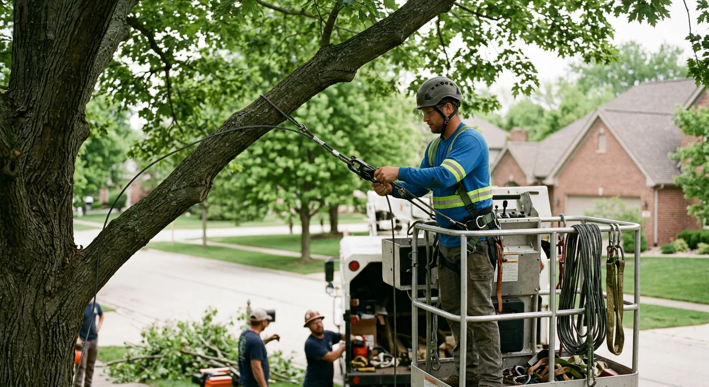 Arborist rigging cable support system from a bucket lift during a crew job