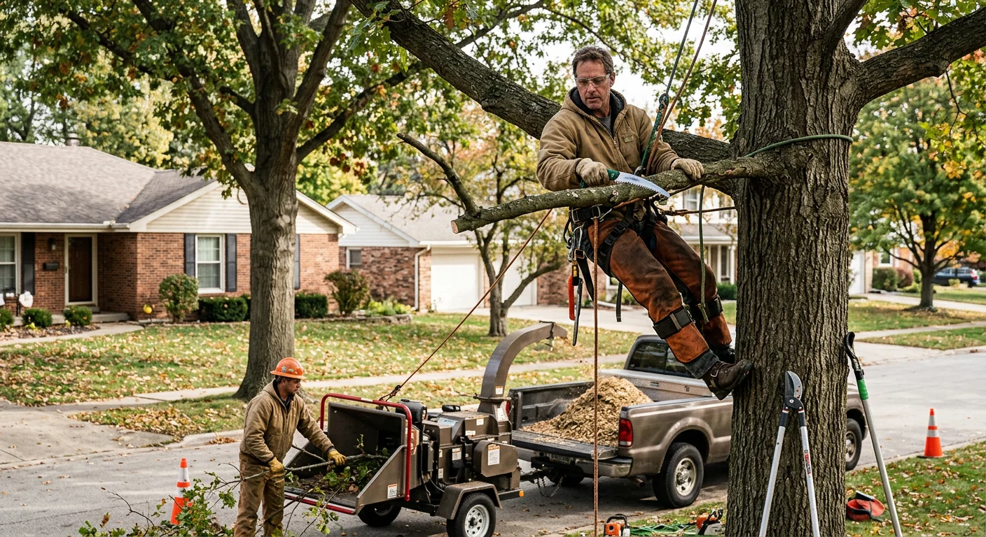 Arborist examining trunk bark and canopy during a routine tree health inspection