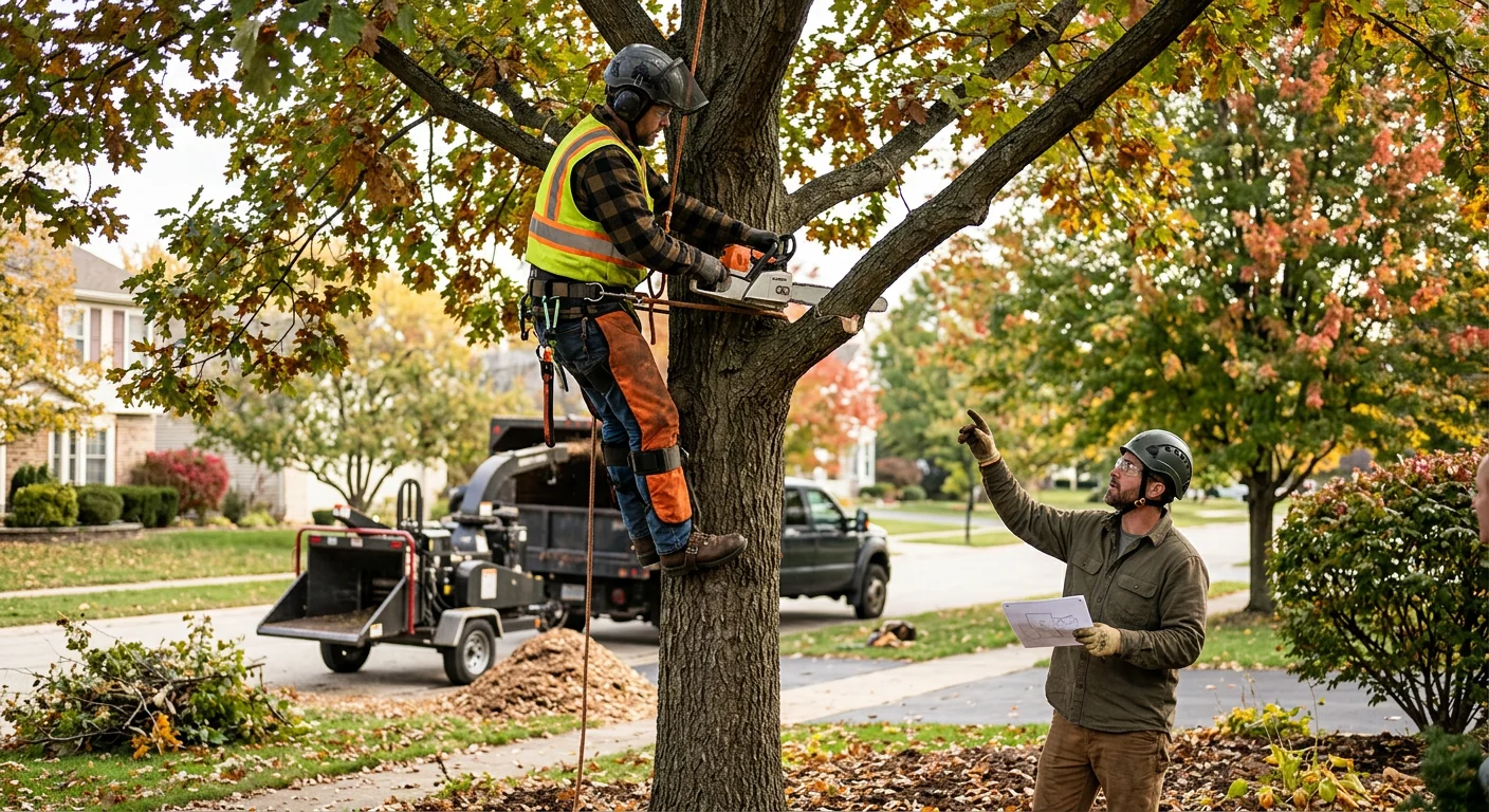 Arborist inspecting a mature tree canopy on a St. Charles residential property