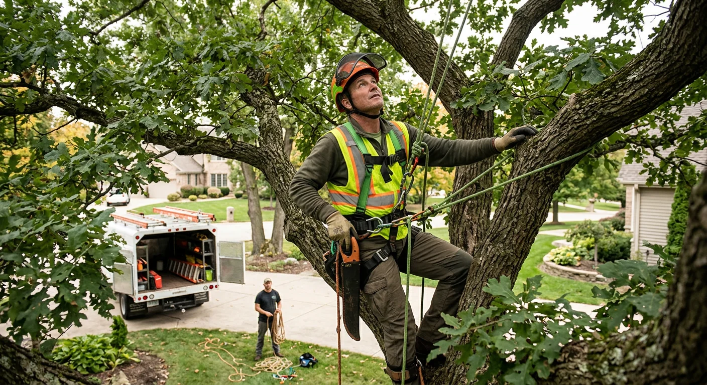 Arborist inspecting mature oak canopy for deadwood during a St. Charles health visit