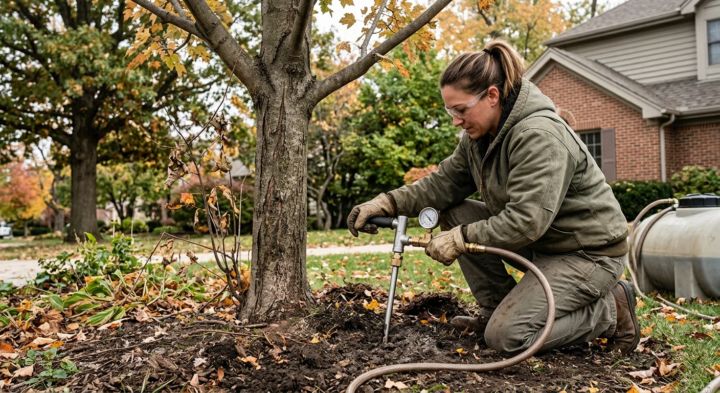 Close-up of soil injection treatment feeding roots of a stressed maple