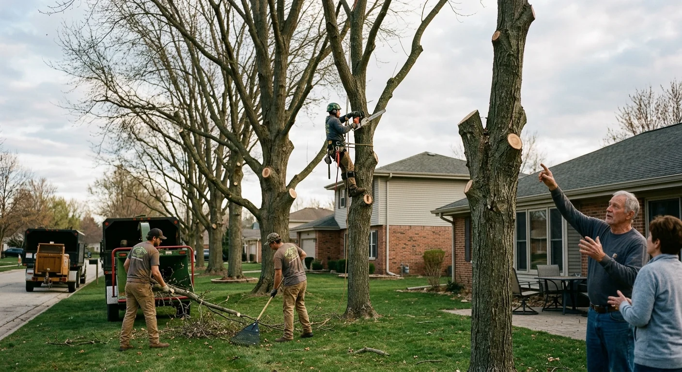 Wide shot of pruned shade trees lining a residential St. Charles backyard