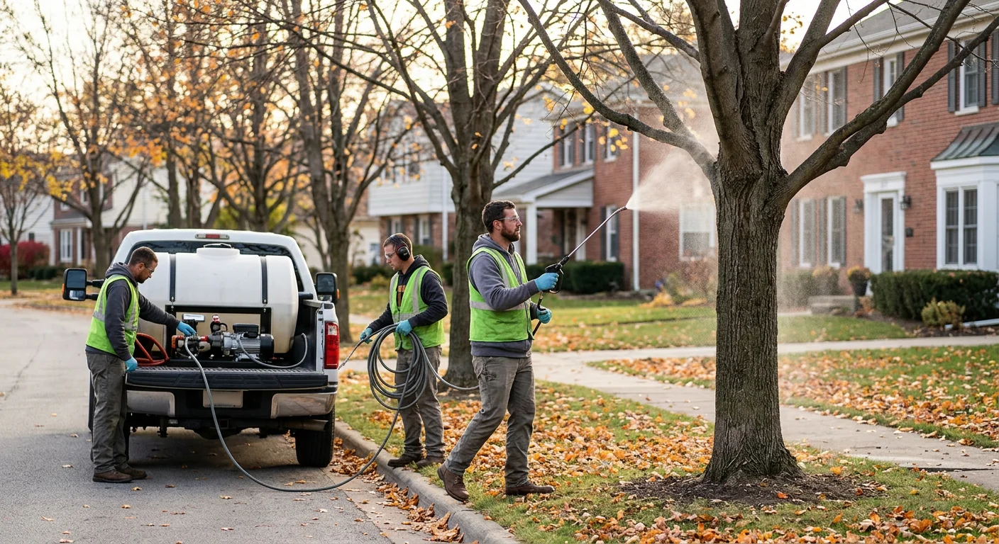 Crew applying fungicide spray to disease-prone parkway trees on a fall morning